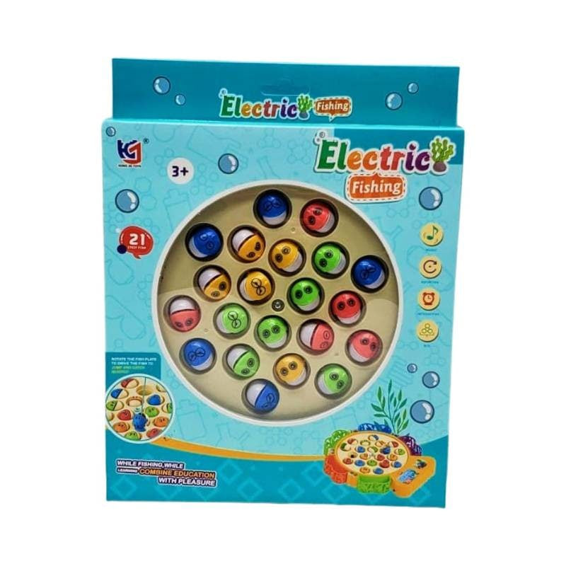 Electric Fishing toy set in its original blue packaging box, featuring colorful round fishing balls with face details inside a circular window.