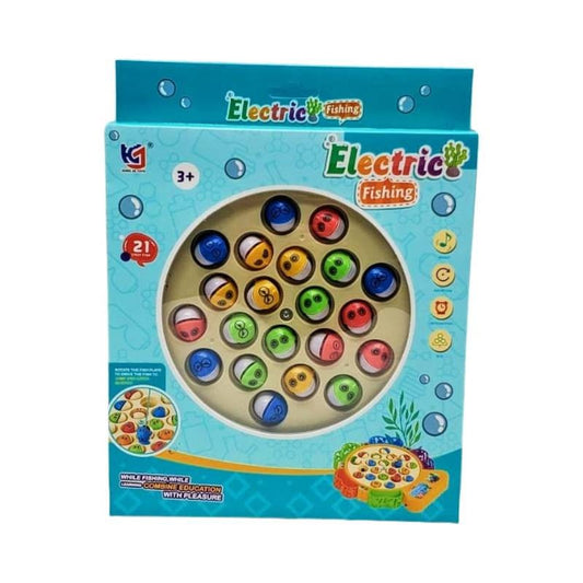 Electric Fishing toy set in its original blue packaging box, featuring colorful round fishing balls with face details inside a circular window.