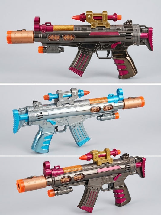 Three toy blaster guns in different colorways are displayed side by side against a light gray background. The top blaster is black, gray, and magenta with copper and gold accents.