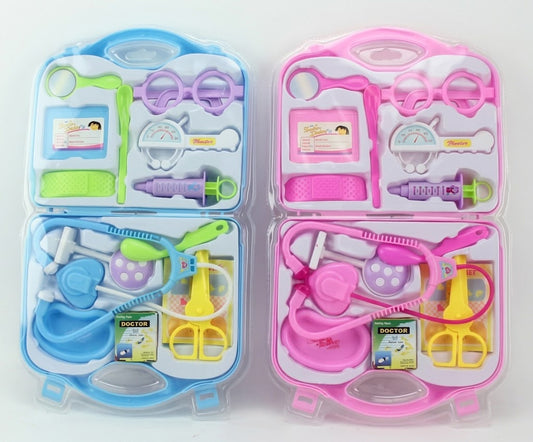 Two children's toy doctor play sets in clear plastic cases, one blue and one pink, each containing miniature medical tools like stethoscopes, scissors, syringes, and test tubes.