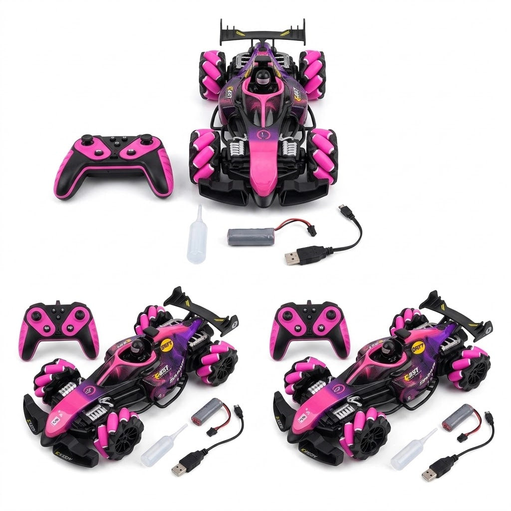 A pink and black remote control racing car set shown on a white background, including one main car, two smaller views of the same car, two handheld controllers, a USB charging cable, and small accessory items.