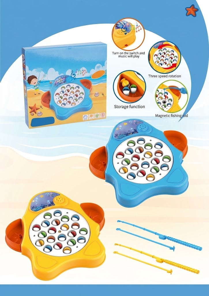 A children's fishing toy set shown with its retail box, two fish-shaped game boards in blue and yellow, and two plastic fishing rods on a light blue and beige graphic background with feature callouts.