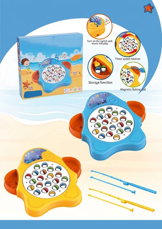 A children's fishing toy set shown with its retail box, two fish-shaped game boards in blue and yellow, and two plastic fishing rods on a light blue and beige graphic background with feature callouts.