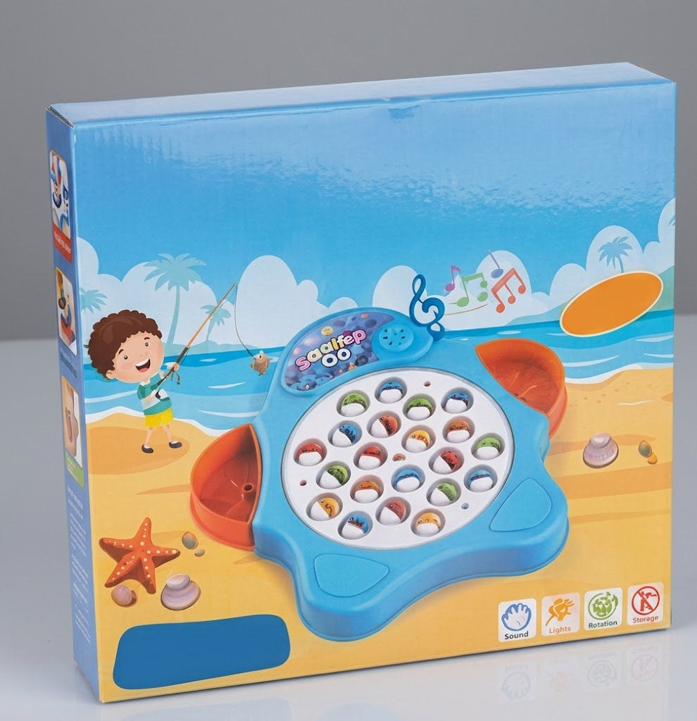 A children's fishing toy set in its retail packaging, featuring a blue electronic fishing board with colorful round hooks and beach-themed illustration on the box.