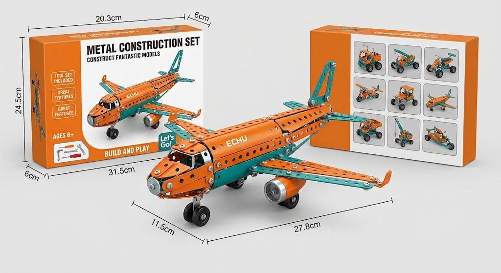 Metal Construction Set toy airplane model shown with its orange retail box and a second box view on a light gray background. The assembled airplane is orange with teal accents, and the packaging reads 'METAL CONSTRUCTION SET' and 'BUILD AND PLAY'.
