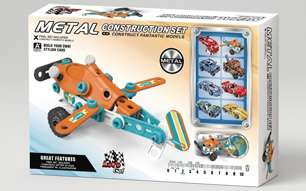 Metal Construction Set toy box showing an orange and teal metal airplane model, with smaller included car models pictured on the front panel and a Metro City logo at the bottom.