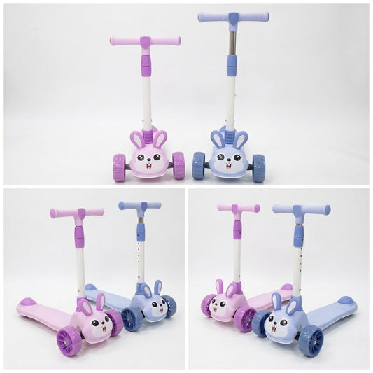 Four views of a children's three-wheel scooter with a bunny face design, shown in pink-purple and blue-lavender color combinations on a white background.