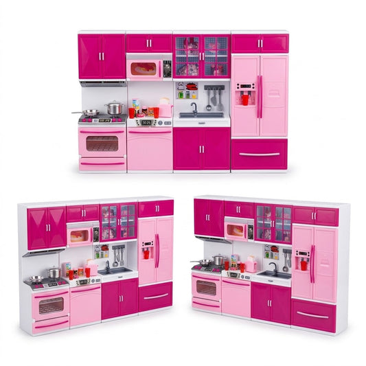 A children's toy kitchen playset shown from three angles on a white background. The set features bright pink and white cabinets, a stove, oven, sink, refrigerator, microwave, and various colorful kitchen accessories.