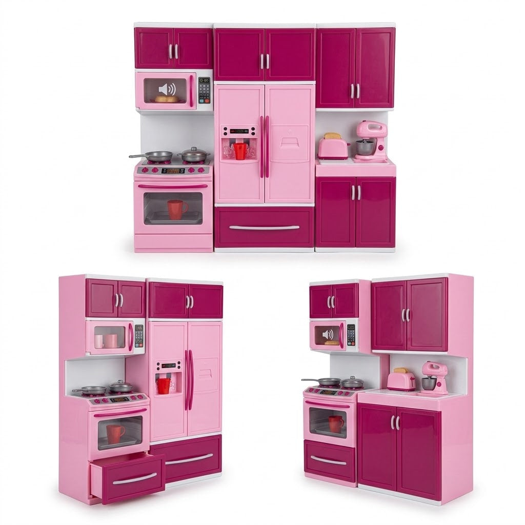 A children's play kitchen set shown in three configurations: a full kitchen set, a compact kitchen set with drawers, and a single cabinet unit. The kitchen features glossy hot pink and light pink cabinets, a refrigerator, stove, microwave, and countertop accessories, all on a solid white background.