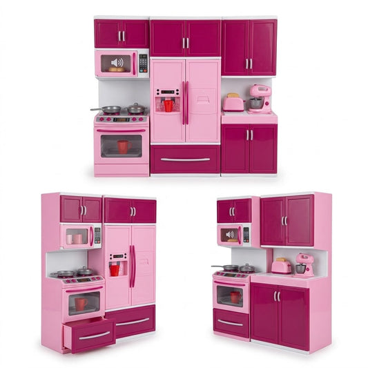 A children's play kitchen set shown in three configurations: a full kitchen set, a compact kitchen set with drawers, and a single cabinet unit. The kitchen features glossy hot pink and light pink cabinets, a refrigerator, stove, microwave, and countertop accessories, all on a solid white background.