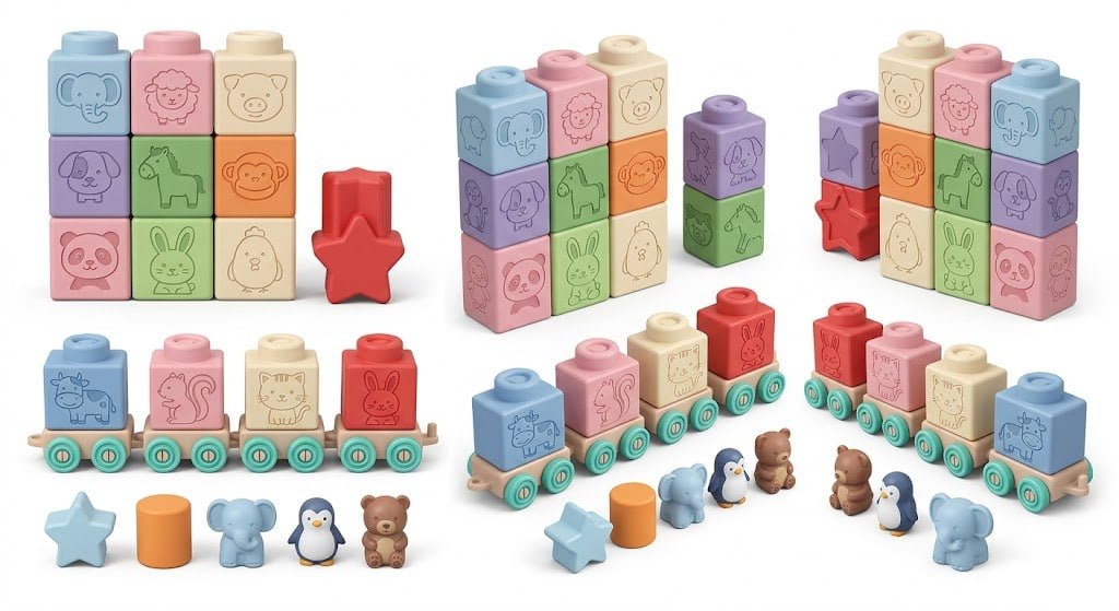 A children's toy set featuring pastel-colored animal blocks, small toy trains, and animal-shaped accessories arranged on a clean white background.