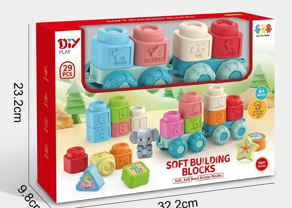 A boxed toy set of soft building blocks shaped like a train, shown in its retail packaging on a white background with printed dimensions around the box.