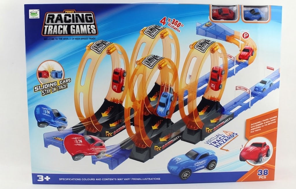 Box packaging for a toy racing track set, showing illustrated orange loops, blue track sections, and small cars on a blue-and-white retail box.