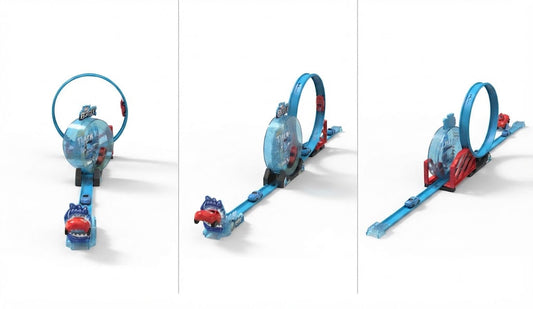 Three views of a blue and red toy race track set with a loop and small cars on a white background.