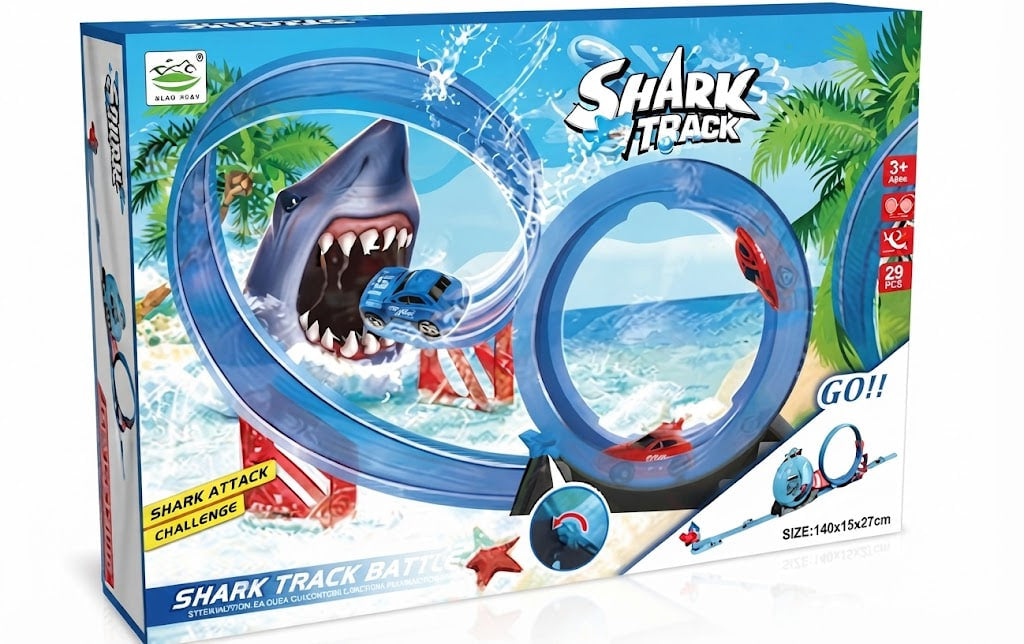 Shark Attack toy race track set in its retail packaging, featuring a blue circular track with a shark-themed tropical beach design on the box.