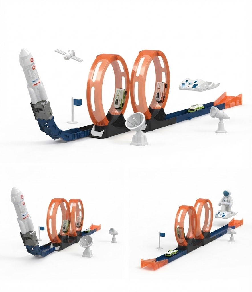 A toy space-themed racing track set shown in three configurations on a white background, featuring orange loops, a blue and gray track base, a white rocket, small cars, flags, and astronaut accessories.