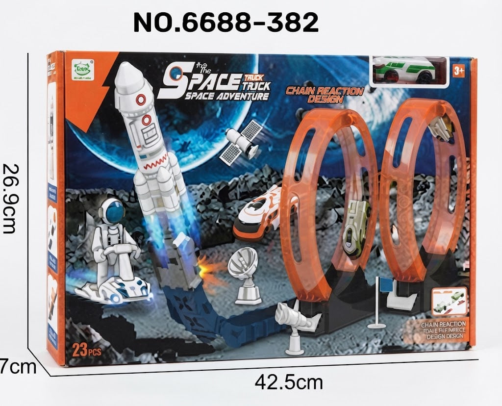 Box packaging for a space-themed toy truck set with dimension labels showing 26.9 cm height, 7 cm width, and 42.