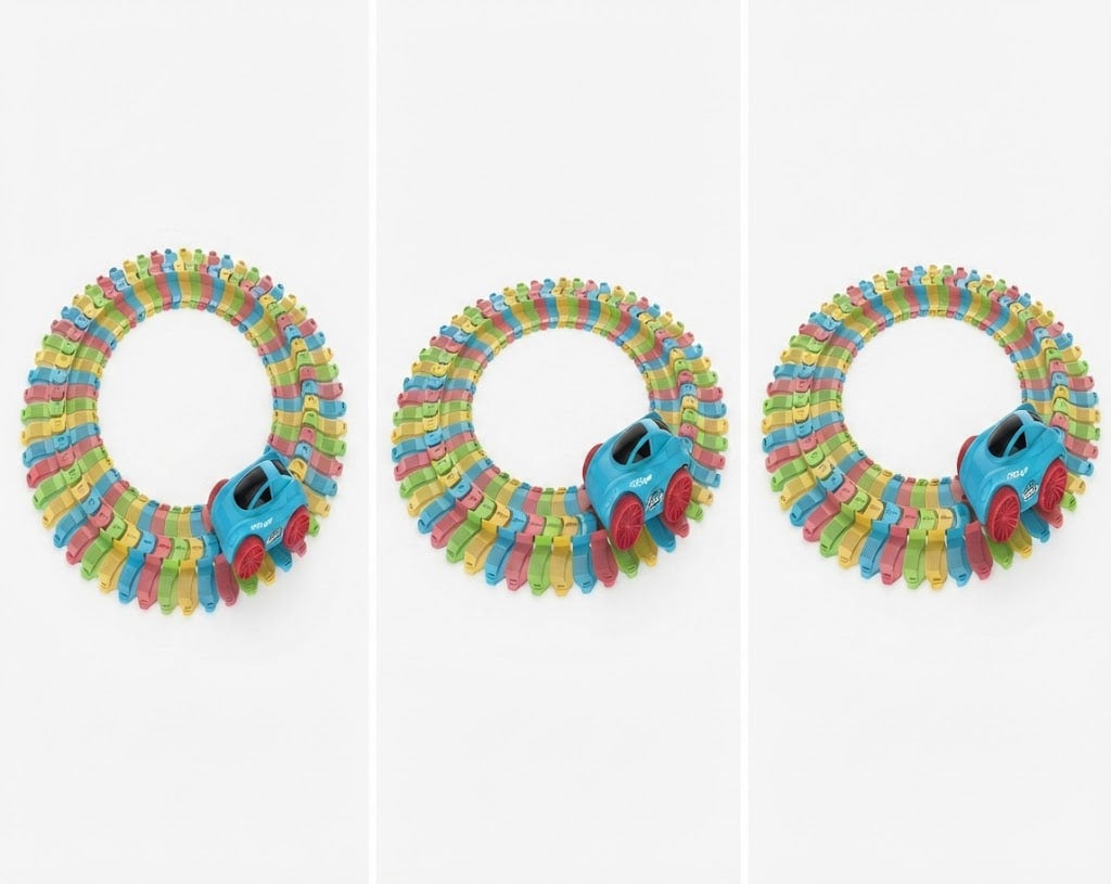 Three views of a colorful circular ring-shaped accessory with a small blue toy car attached, shown on a plain white background.