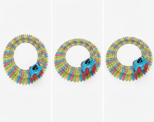 Three views of a colorful circular ring-shaped accessory with a small blue toy car attached, shown on a plain white background.