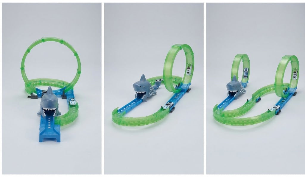 Three views of a toy race track set featuring a translucent green loop, blue track sections, and a gray shark car on a light gray background.