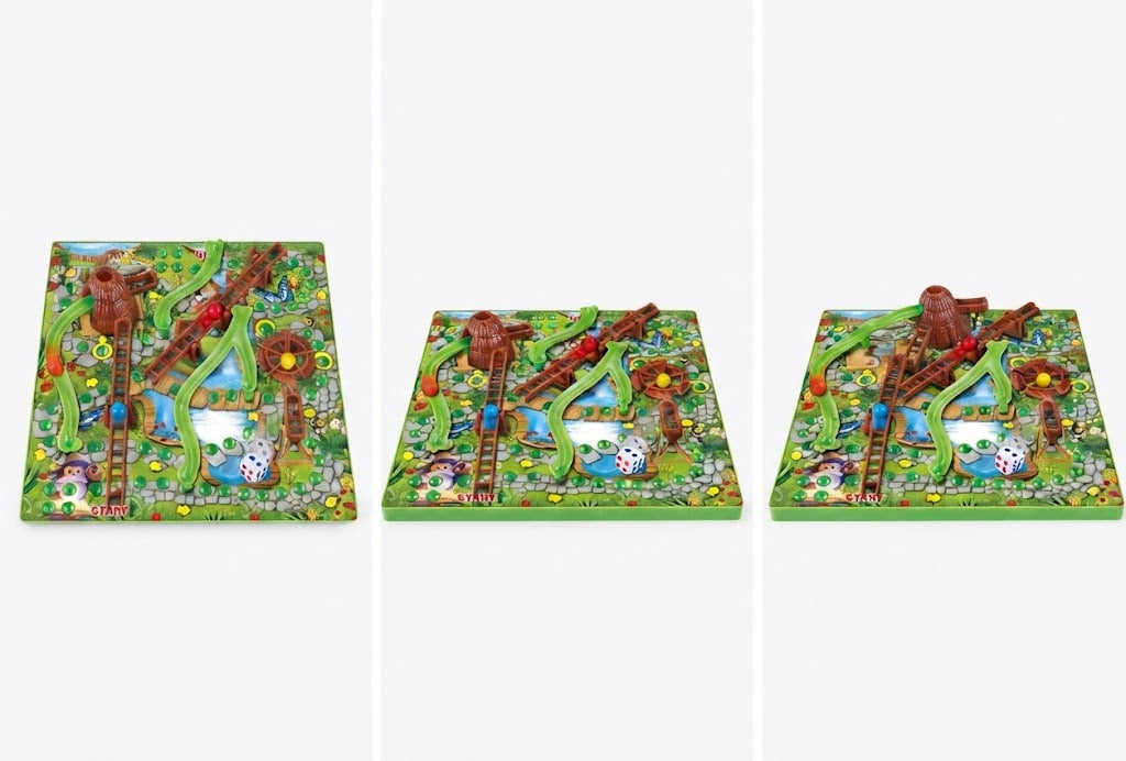 Three square decorative panels or boxes shown side by side on a white background, each featuring a colorful illustrated scene with a guitar, trees, flowers, and small character figures.
