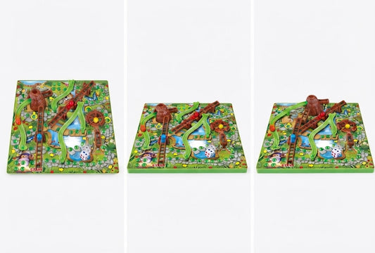 Three square decorative panels or boxes shown side by side on a white background, each featuring a colorful illustrated scene with a guitar, trees, flowers, and small character figures.