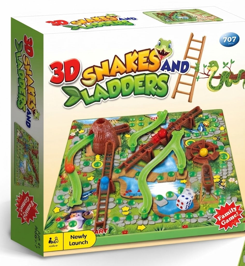Box for the board game '3D Snakes and Ladders' showing the colorful game board and playset on the front, with green side panels and a blue '707' badge.