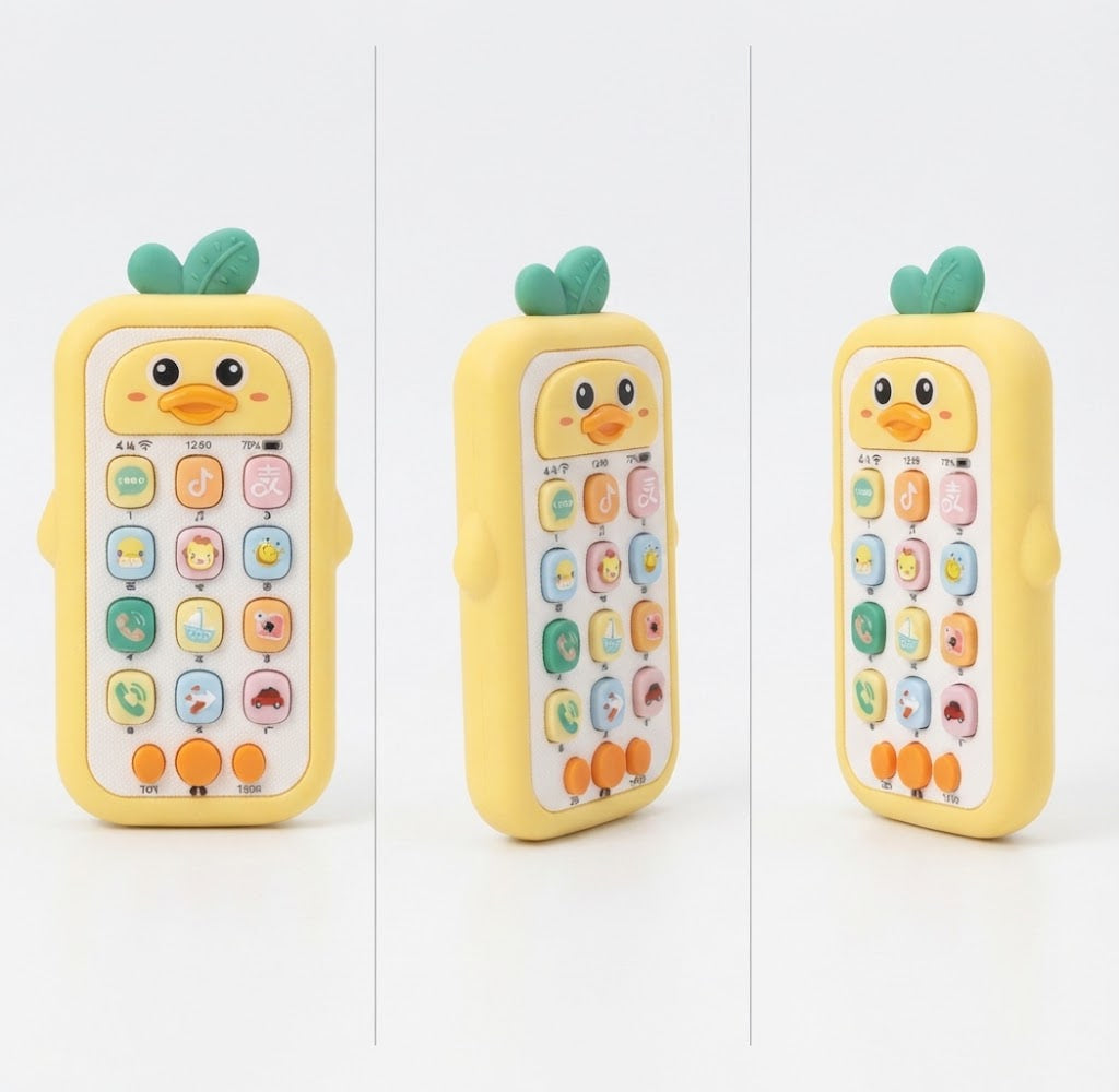 Three views of a yellow duck-shaped toy phone with colorful buttons and a green leaf on top, shown on a clean white background.