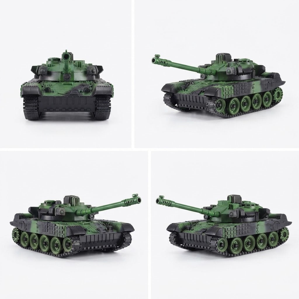 A four-panel product photo showing a green and black camouflage toy tank from multiple angles on a light gray background.