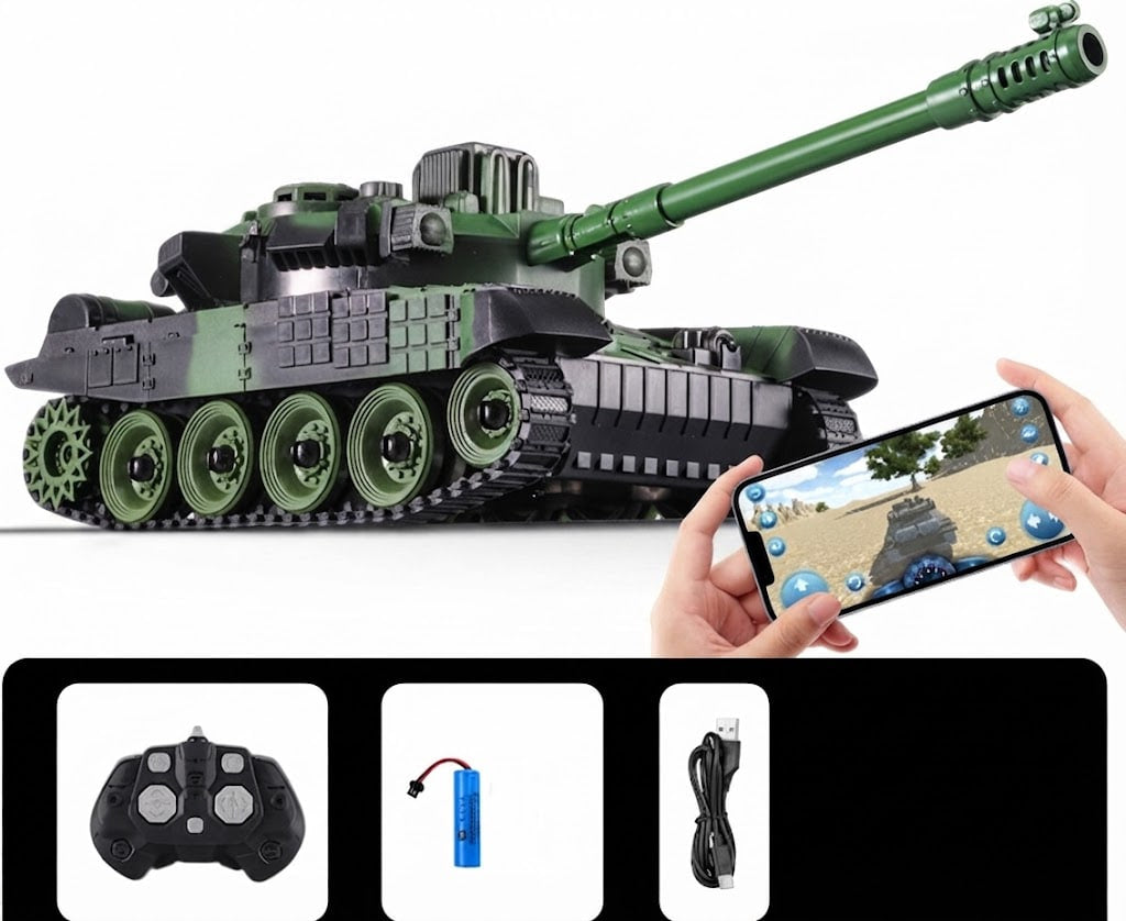Green and black remote-controlled toy tank with a long cannon, shown alongside a smartphone displaying a matching app, plus a controller, battery, and charging cable in smaller inset panels below on a white background.