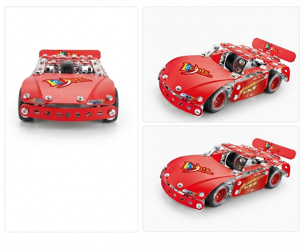 A red toy race car shown from three angles on a white background, with visible metal wheels, clear plastic body panels, and racing-style decals.