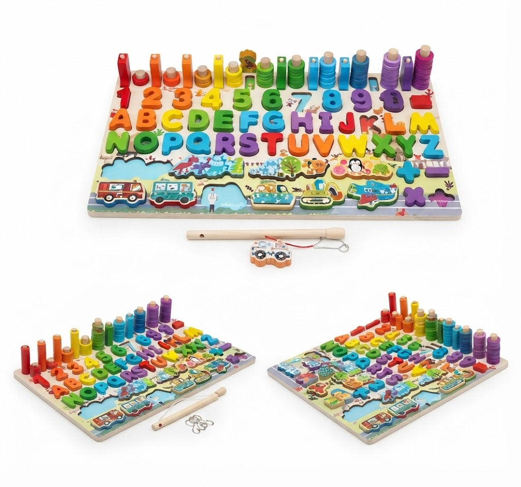 A colorful children's educational peg board set shown from multiple angles on a white background, including alphabet and number pegs, train-themed pieces, two wooden mallets, and small metal rings.
