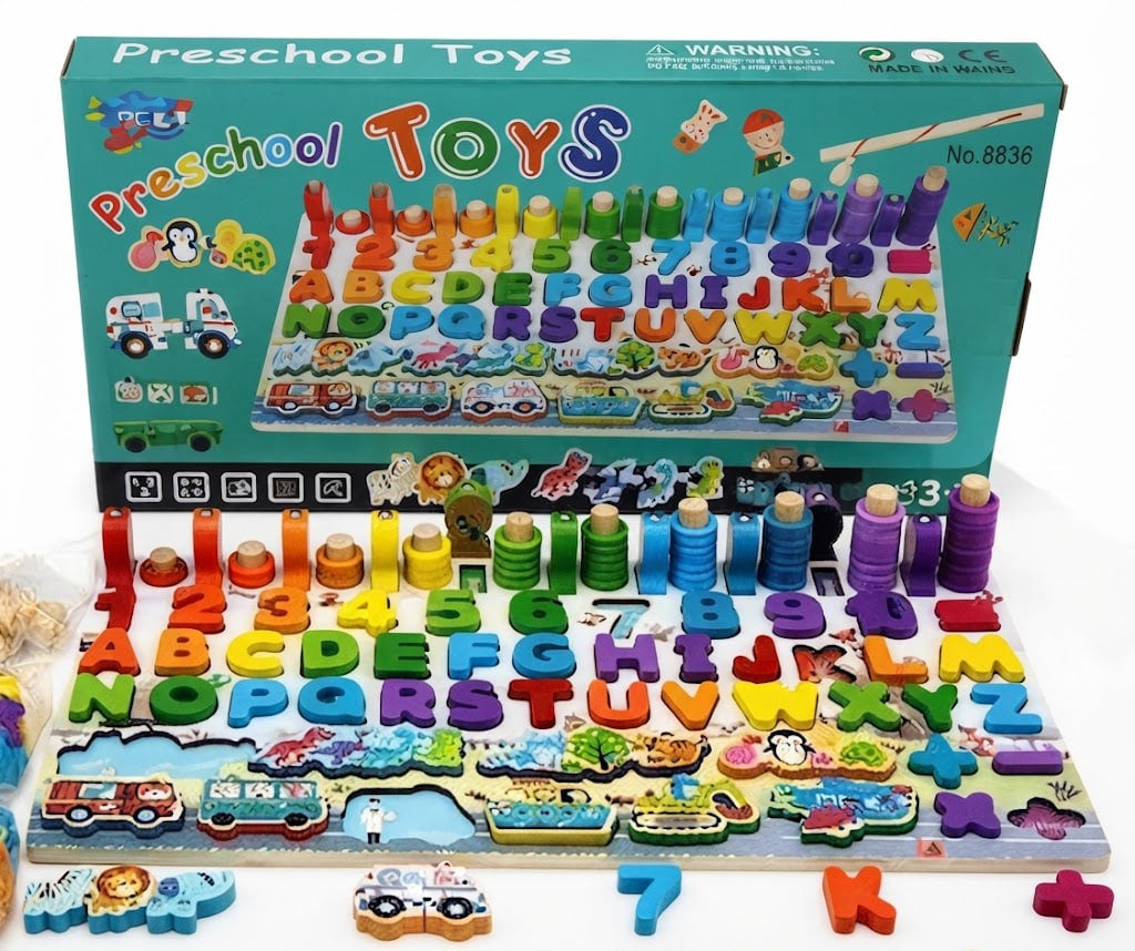 A colorful wooden preschool alphabet and number toy set displayed in front of its teal retail box on a white background. The set includes alphabet pegs, number blocks, and vehicle-themed pieces.