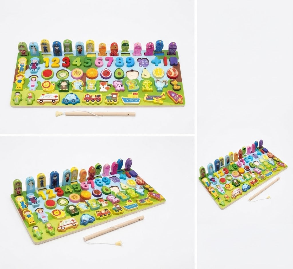 A colorful wooden children's puzzle board shown in three views on a light gray background. The board features numbered shape-sorting slots, movable character pieces, and small toy vehicles, with two wooden mallets placed in front.