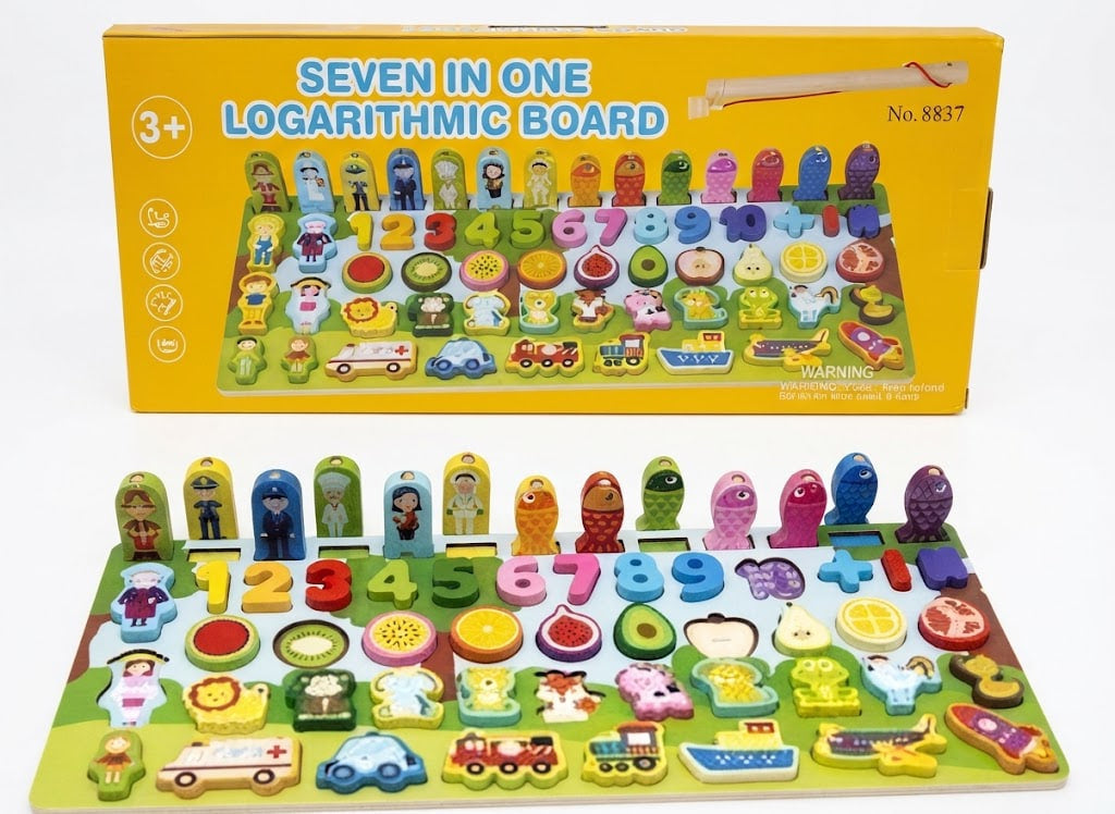 A children's wooden logarithmic puzzle board set with its yellow retail box, shown on a white background. The set includes colorful numbered pegs, character pegs, and round shape pegs on a green board, with the matching yellow box displayed above.