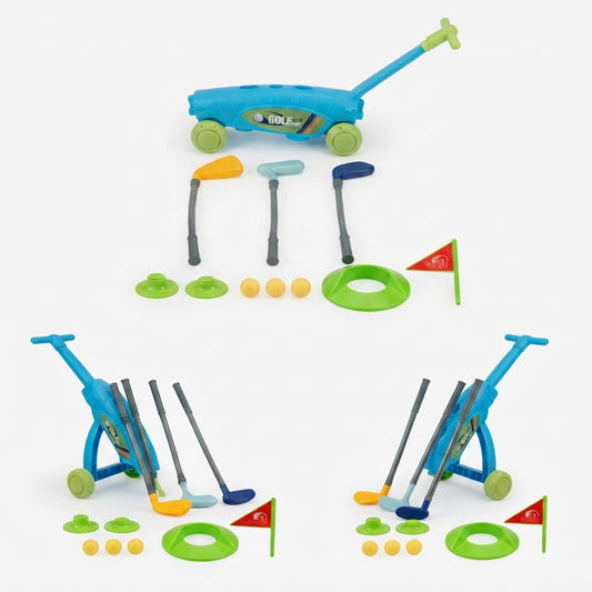 A children's toy golf set arranged on a light gray background, including a blue push cart with green wheels, several toy golf clubs, green holes, yellow balls, and small red flags.