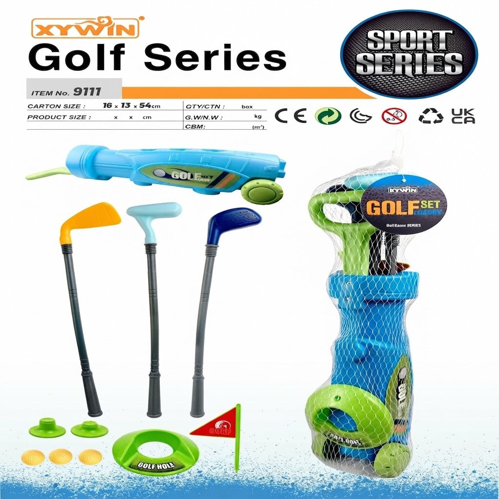 XYWIN Golf Set toy set featuring a blue water-filling golf simulator, four mini golf clubs, a small flag, and accessories, shown both unpackaged and packaged in a mesh bag against a white background with product details.