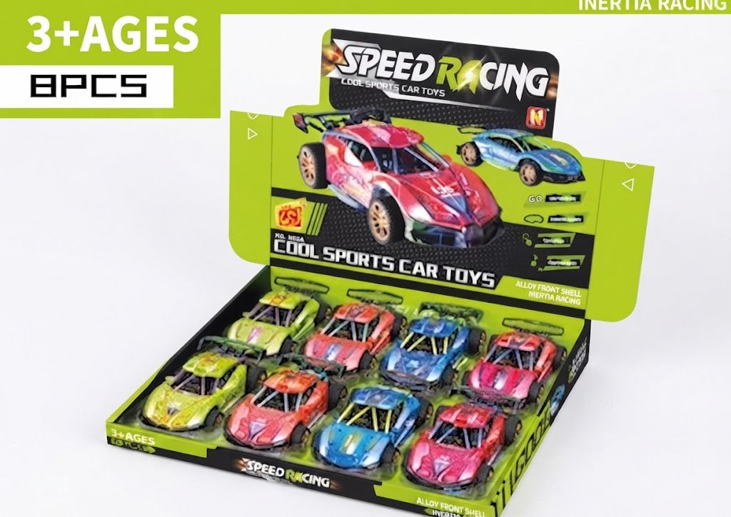 A retail display box containing 8 miniature inertia racing car toys in assorted colors, shown on a white background with promotional text overlays.