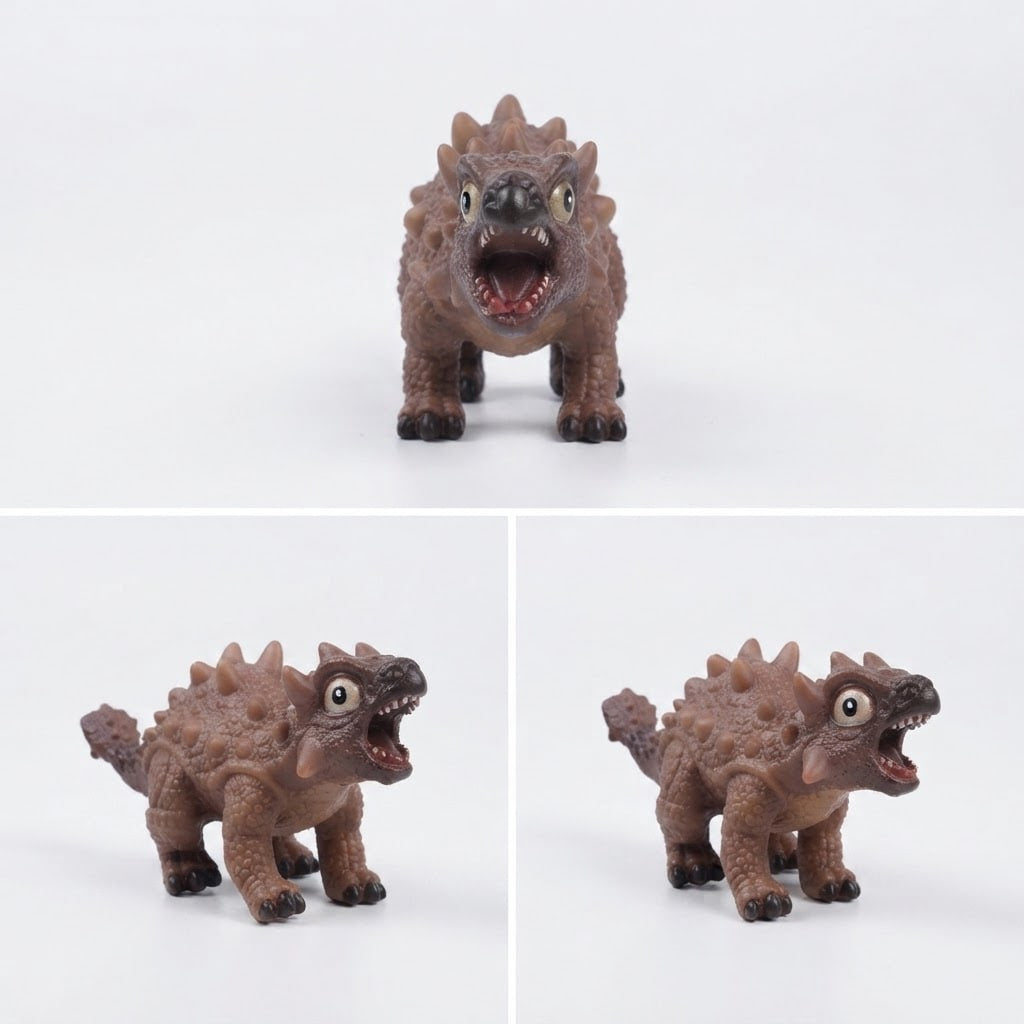 Three views of a small brown dinosaur toy with spikes, shown on a white background.