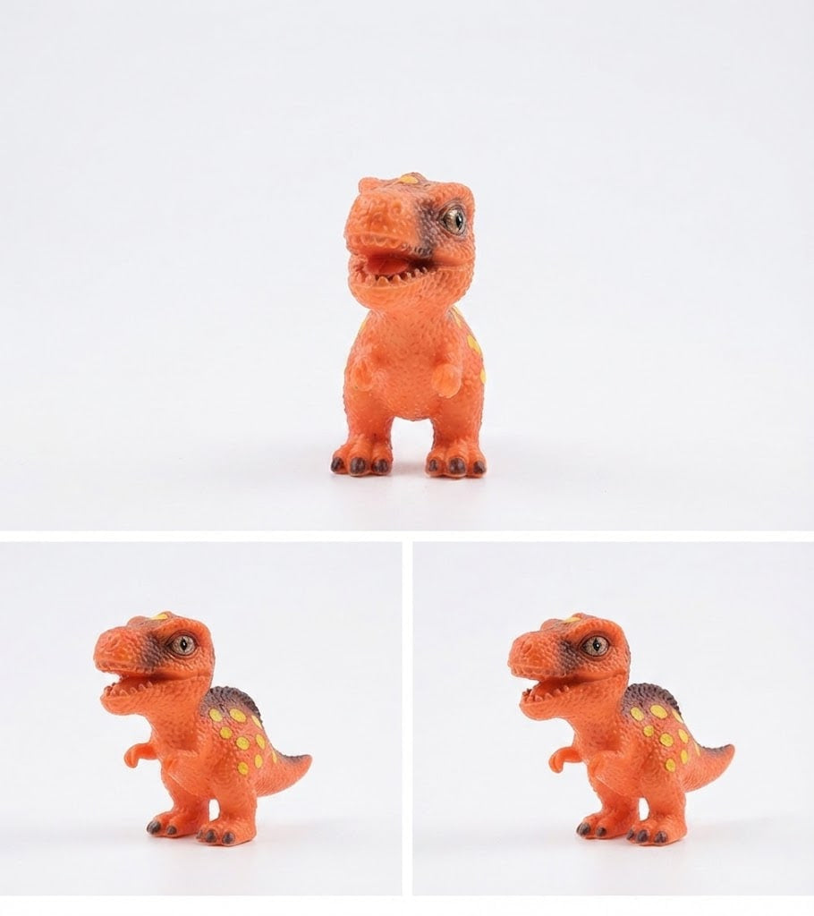 Three views of a small orange dinosaur toy on a white background, with one larger view at the top and two smaller side-by-side views at the bottom.