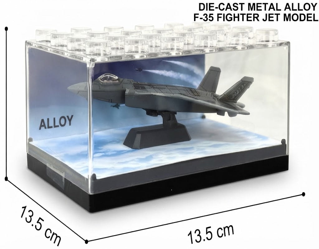 A die-cast metal alloy F-35 fighter jet model displayed inside a clear acrylic showcase box with a printed blue sky and clouds base. The image includes dimension markings of 13.