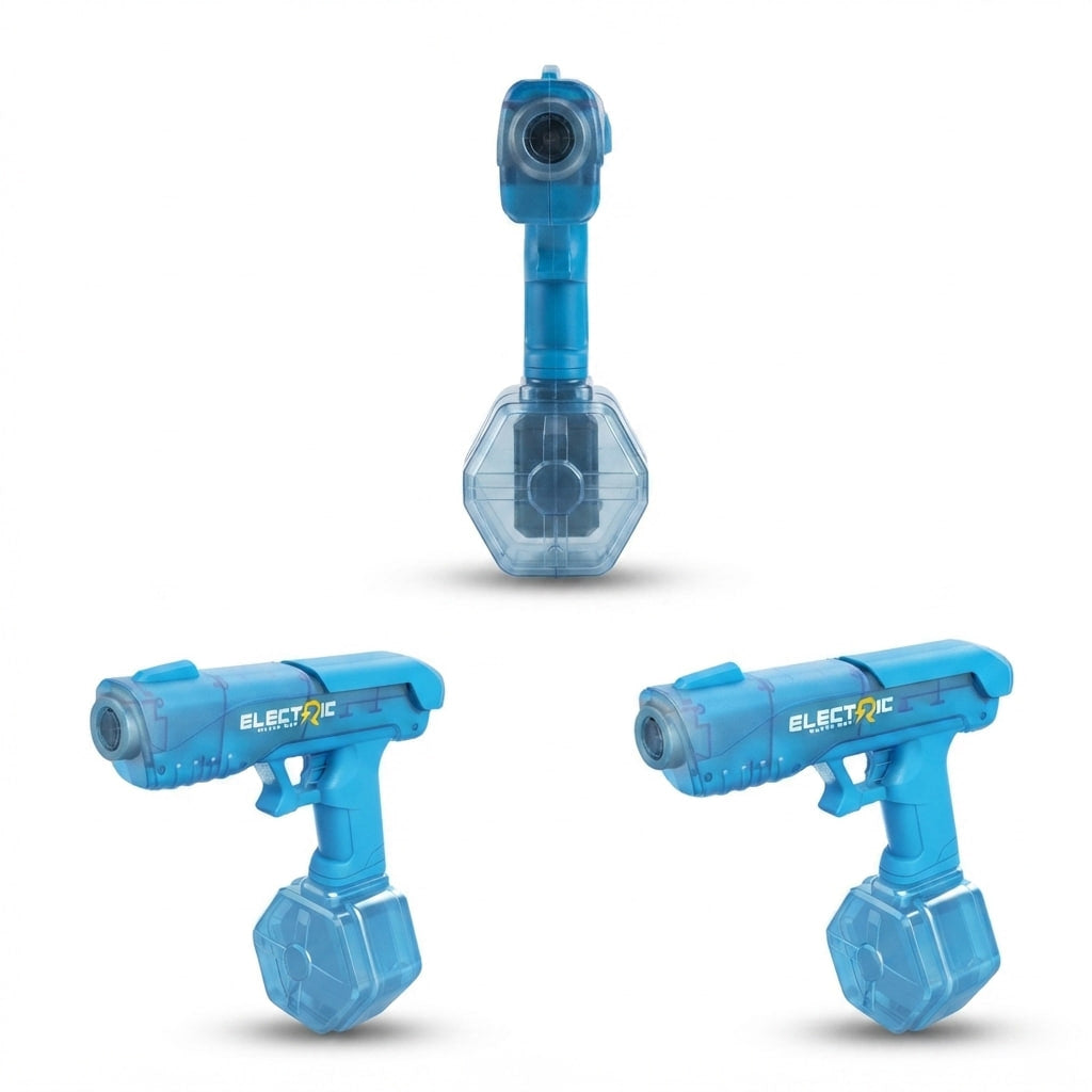 Three views of a blue toy water gun set on a white background: one top-down view showing the clear hexagonal base and one front view showing the blue body with 'ELECTRIC' branding.