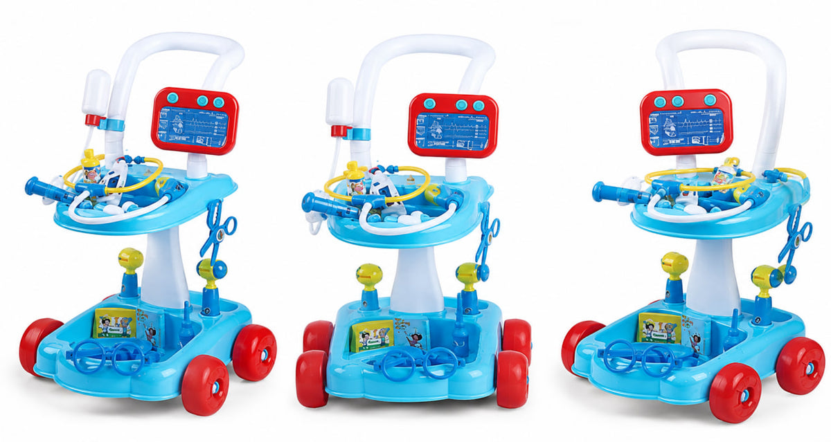 Three views of a baby walker toy in light blue and white with red wheels and a red control panel, shown on a plain white background.