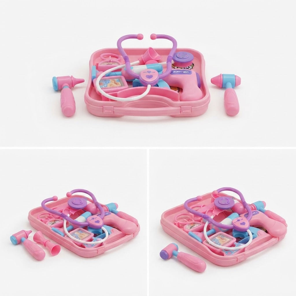 Pink toy doctor playset with a stethoscope, toy phone, toy hammer, and other medical-themed accessories arranged in a plastic case, shown in a three-panel collage on a white background.