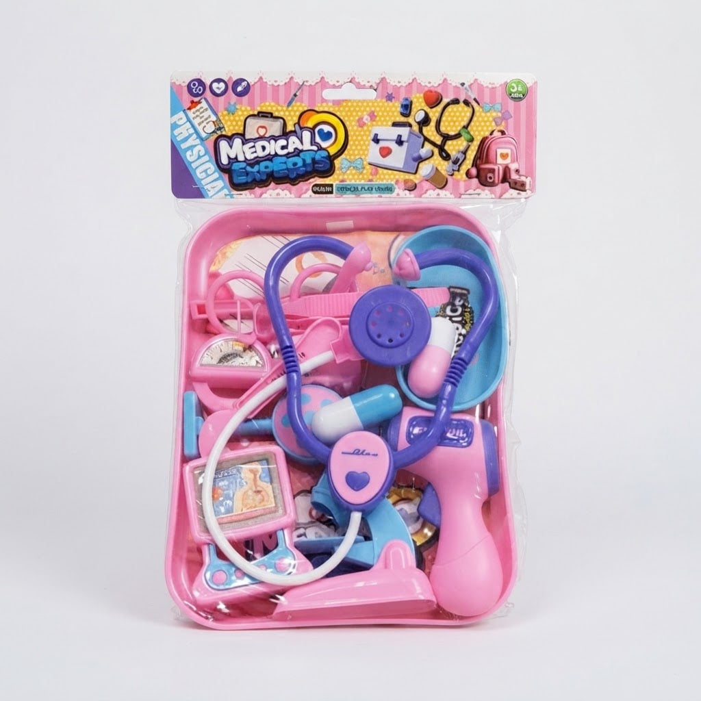 A children's toy medical kit in its original retail packaging, featuring a pink stethoscope, thermometer, blood pressure monitor, and other toy medical tools on a white background.