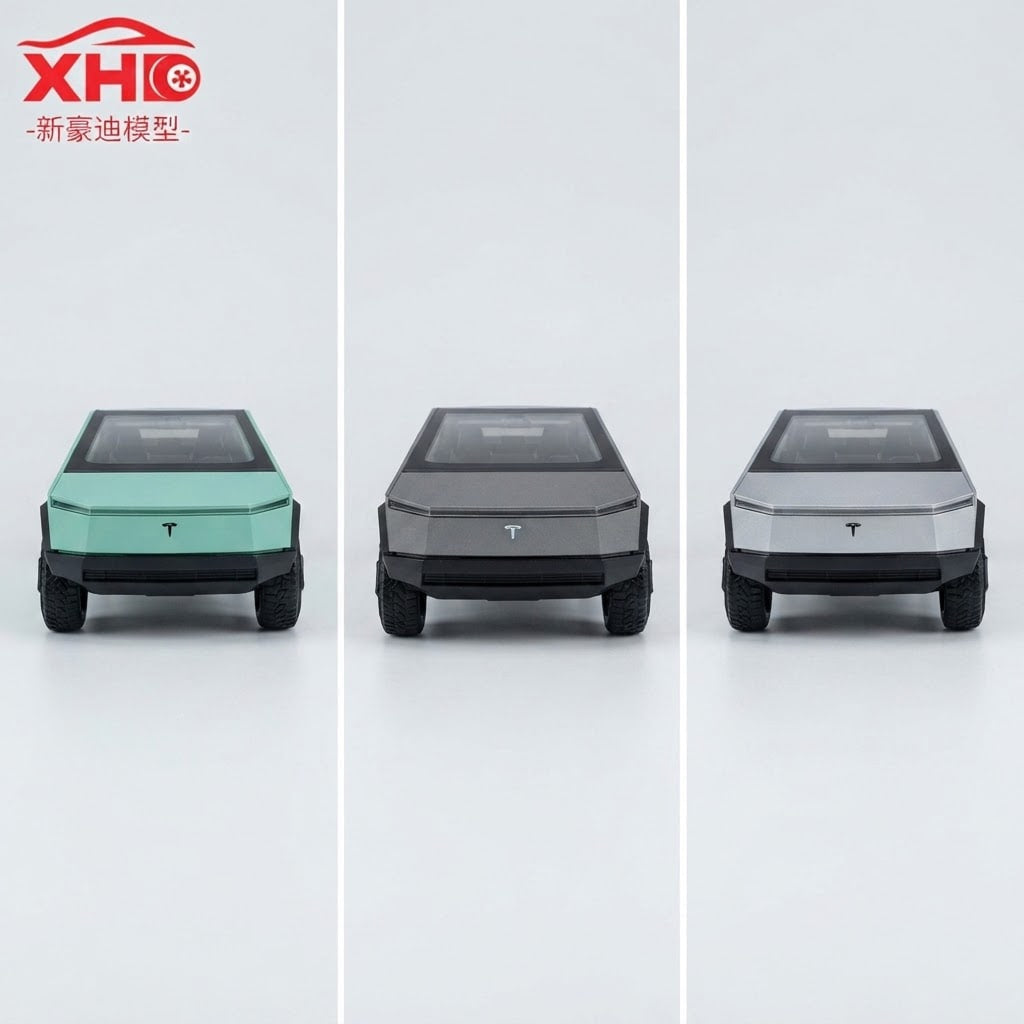 Three toy model cars resembling a Tesla Cybertruck are shown from the front on a light gray background, with a red XHO logo in the top-left corner. The cars are in three color options: mint green, dark gray, and silver.