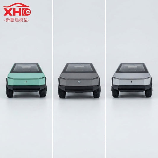 Three toy model cars resembling a Tesla Cybertruck are shown from the front on a light gray background, with a red XHO logo in the top-left corner. The cars are in three color options: mint green, dark gray, and silver.