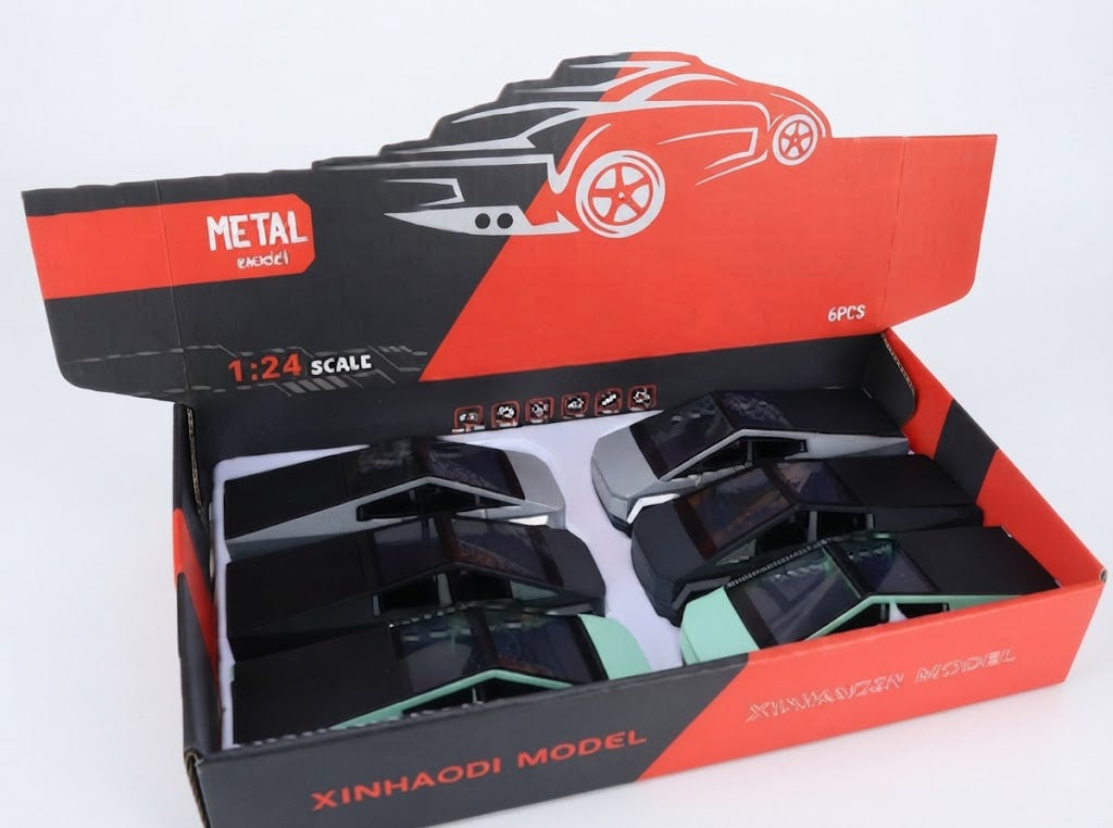 Open retail box containing multiple black metal miniature car parts, with red and black packaging and visible text including 'METAL', '1:24 SCALE', and 'XINHAODI MODEL'.
