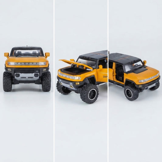 Three views of a yellow and black toy off-road truck, showing the front, three-quarter front with open hood, and three-quarter side with open door, on a light gray background.