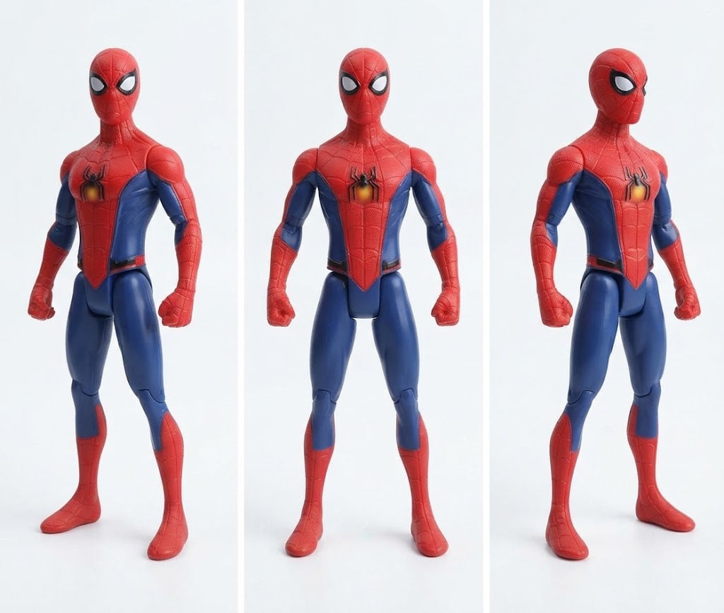 Three views of a Spider-Man action figure on a clean white background, showing front, three-quarter, and side profiles.